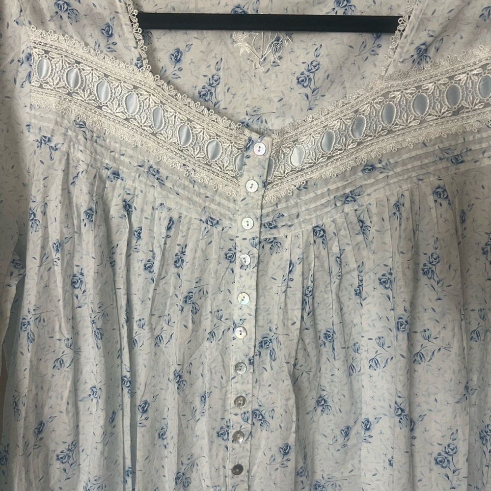 Eileen West Cotton blue Floral LS Long Nightgown cottagecore lace vtg - Picture 2 of 8